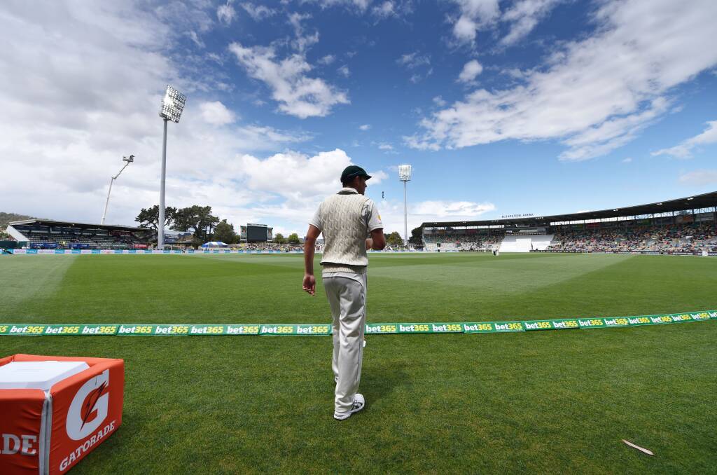 Josh Hazlewood walks onto Bellerive Oval in 2015 as Australia took on West Indies. Photo: Scott Gelston