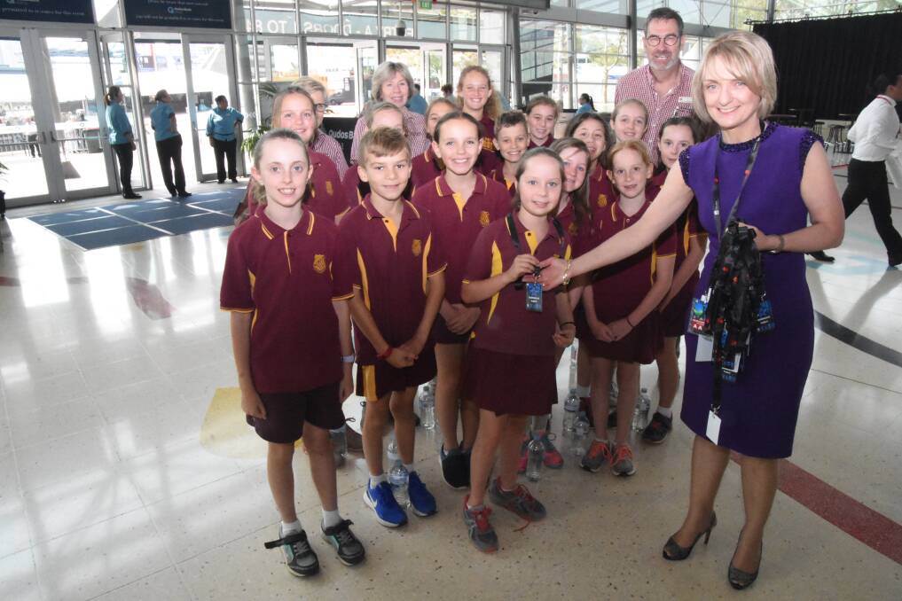 Schools Spectacular Co-Executive Producer, Jane Simmons heads out on a VIP tour of Qudos Ban Arena with the students and staff from Nemingha Public School on Friday. 