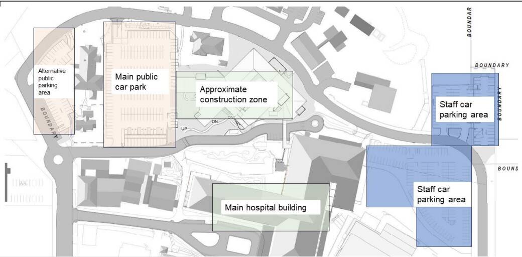 This map shows the main public parking areas in relation to the construction zone and the main hospital building. If the main public car park is full, visitors are encouraged to use one of the alternative areas. Dedicated staff parking areas are shown in blue. Picture from Tamworth Mental Health Unit Works Notification.