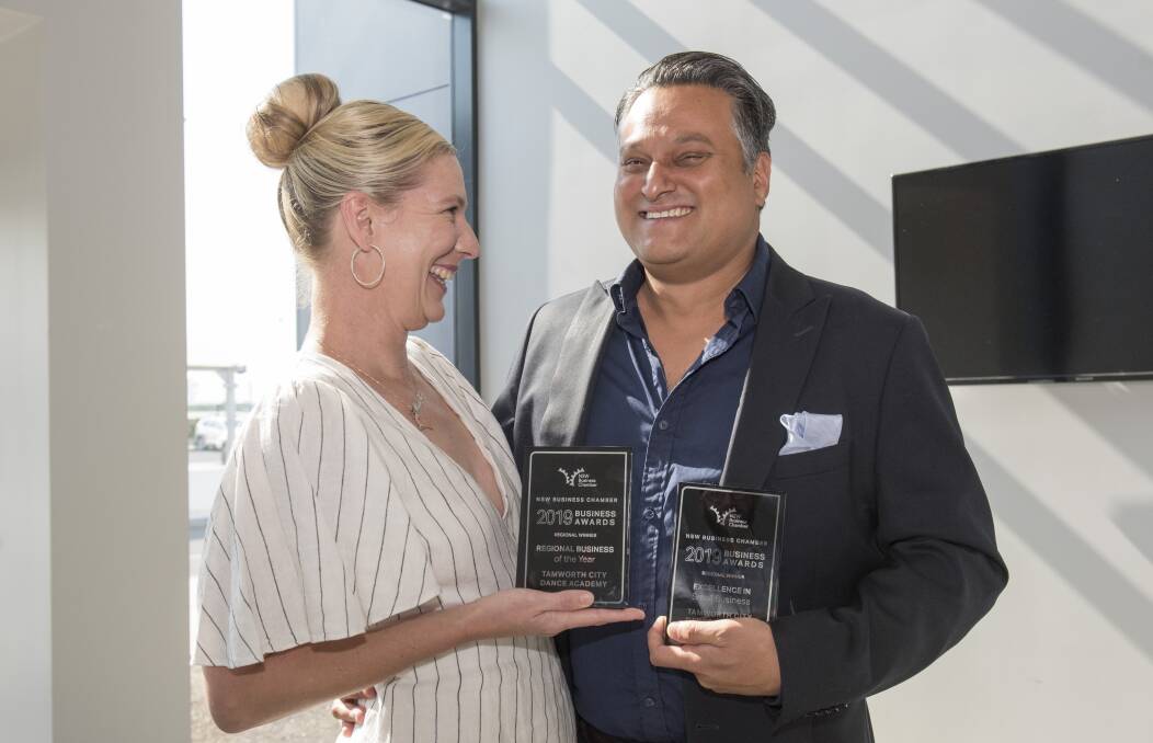 Stepping stone: Tamworth City Dance Academy owners Kelly and Paul Singh were surprised to take home the award for Regional Business of the Year at the recent New England North West Regional Business Awards. Photo: Peter Hardin