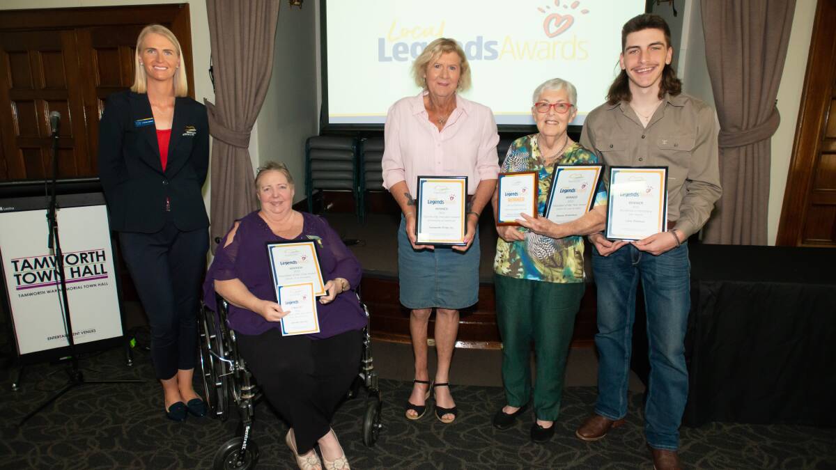 Cr Brooke Southwell with the winners from 2022, Volunteer of the Year (25 - 64) Jennifer Harnett, Dianne Harris representing Tamworth Pride Inc. for Community Inclusion, Local Legend of the Year Denise Robertson and Lane Pittman the winner of Excellence in Performing Arts. Pictures by Peter Hardin