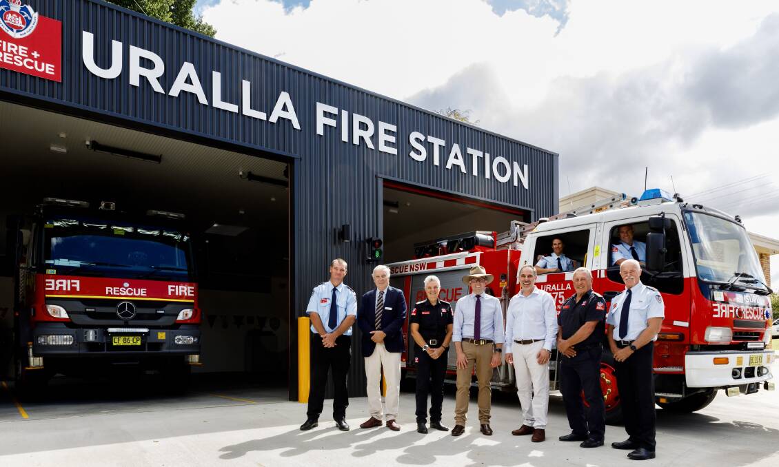 Uralla Fire Captain Ben Pascoe, left, Mayor Robert Bell, Fire & Rescue NSW Assistant Commissioner Cheryl Steer, Northern Tablelands MP Adam Marshall, Emergency Services Minister Jihad Dib, Superintendent Tom Cooper and Inspector Peter Nugent at the unveiling of the revamped fire station. Photo Simon Scott Photo