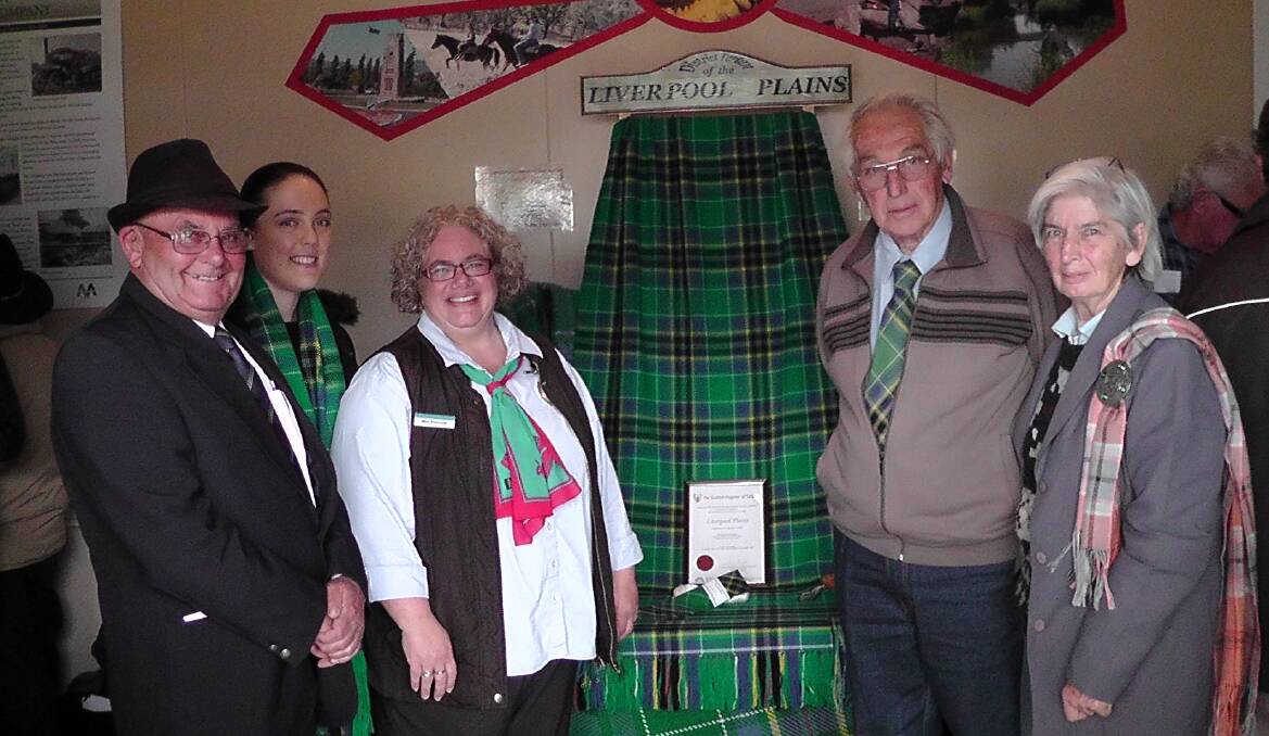 Creators: LPSC Deputy Mayor Councillor Doug Hawkins, Alice Elsley, VIC Manager Nikki Robertson and Fred and Marie Lawson at the public launch of the Liverpool Plains Tartan. 