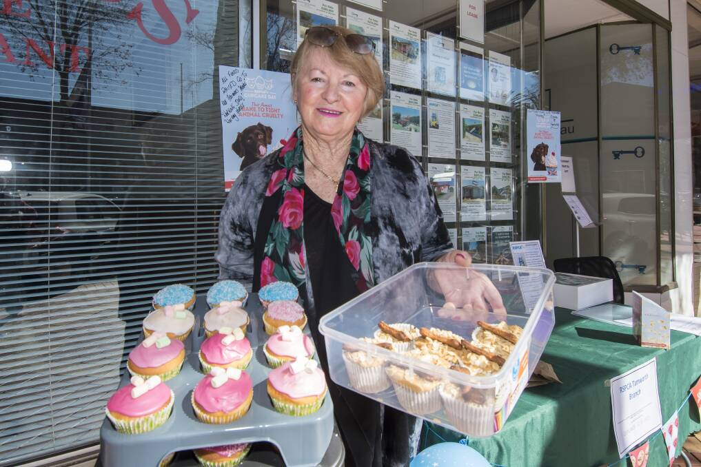 ALL SMILES: Tamworth RSPCA branch member Daphney Mandel-Hayes at the Cupcake Day fundraiser to help farmers four-legged friends. Photo: Peter Hardin