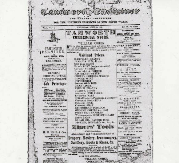The front page of the first edition (April 13, 1859) of Tamworth's very first newspaper - The Tamworth Examiner. Very big on ads in those days.