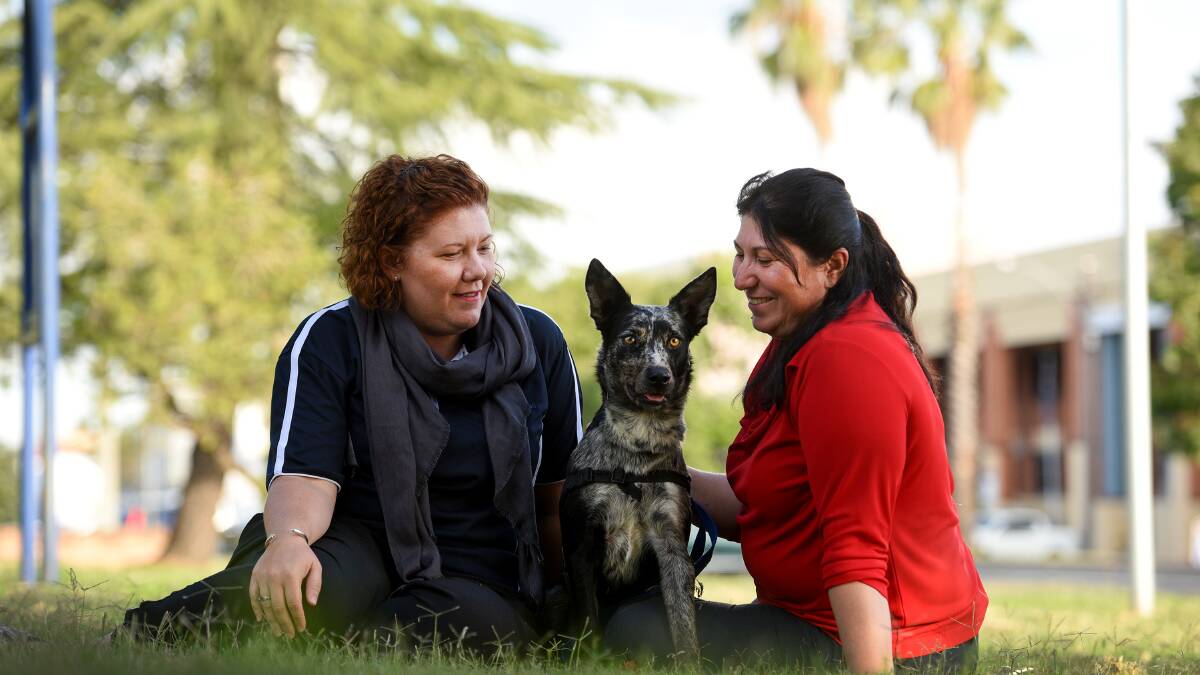 Tamworth Young Veterans Libby Ryman and Rebecca Linich with Tucky the support dog. Photo: Peter Hardin