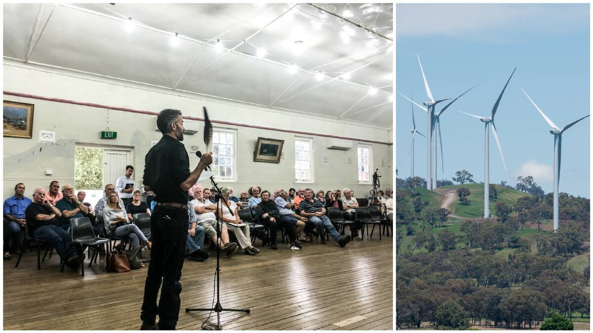 FULL HOUSE: Nundle resident Shawn Stone speak to the audience. To the left, some of the turbines at White Rock Wind Farm near Glen Innes, which are similar to the Nundle proposal. Photos: Megan Trousdale /Peter Hardin