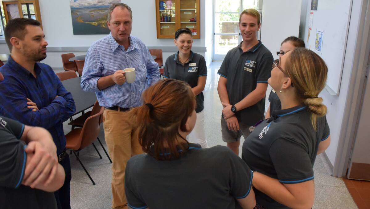 FUNDING NEEDED: Barnaby Joyce and Heath Ducker talk to the young Youth Insearch leaders at the Lake Keepit camp.