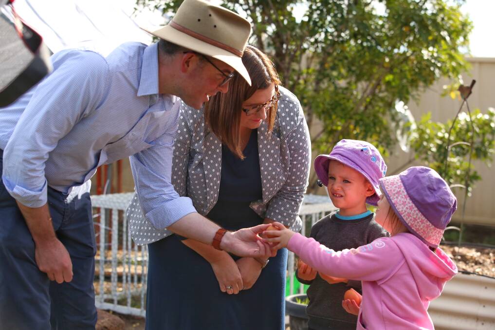 PLAY TIME: Agriculture Minister Adam Marshall and Education Minister Sarah Mitchell meet some young constituents at Goodstart Early Learning Calala.