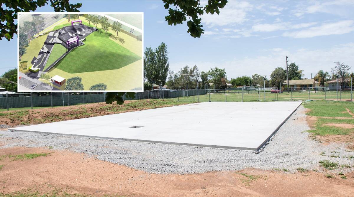 COMING SOON: The slab for the new basketball court has been laid, while work will start soon on the new skate park (insert). Photo: Peter Hardin