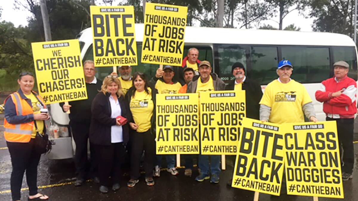 CAN THE BAN: Members of the Gunnedah, Tamworth and Armidale greyhound racing community travelled to Sydney yesterday to protest the ban.