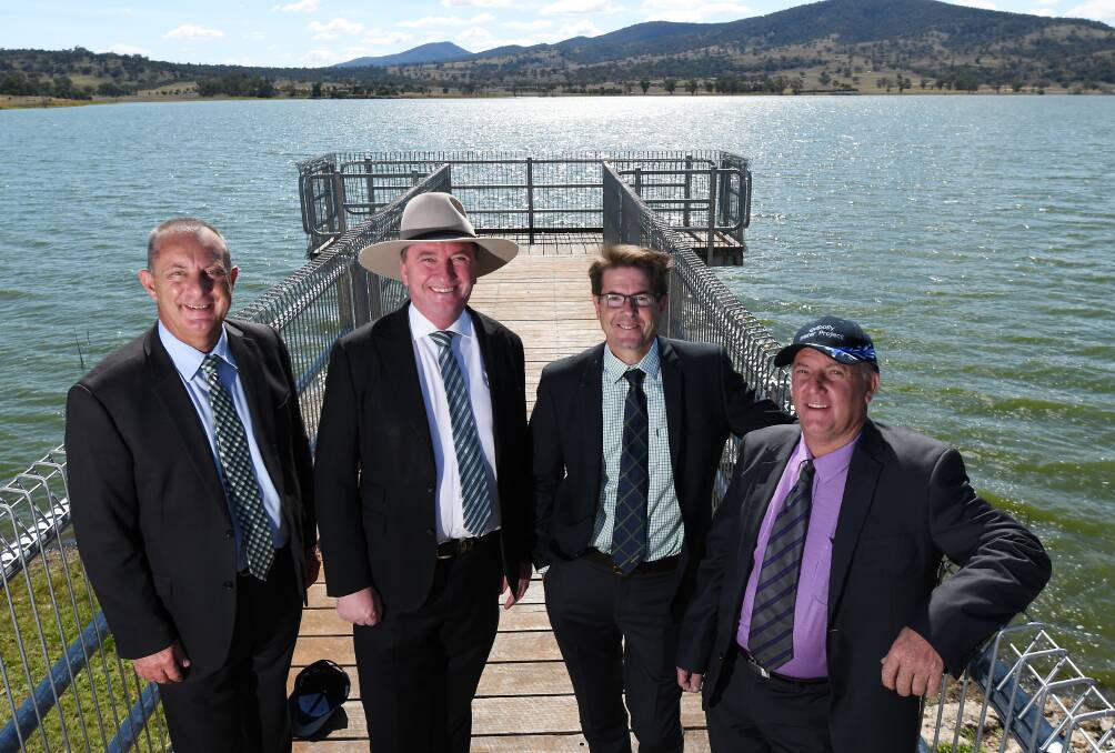 DAM GOOD NEWS: Michael Johnsen, Barnaby Joyce, Kevin Anderson and Andrew Hope at Quipolly Dam. Photo: Gareth Gardner
