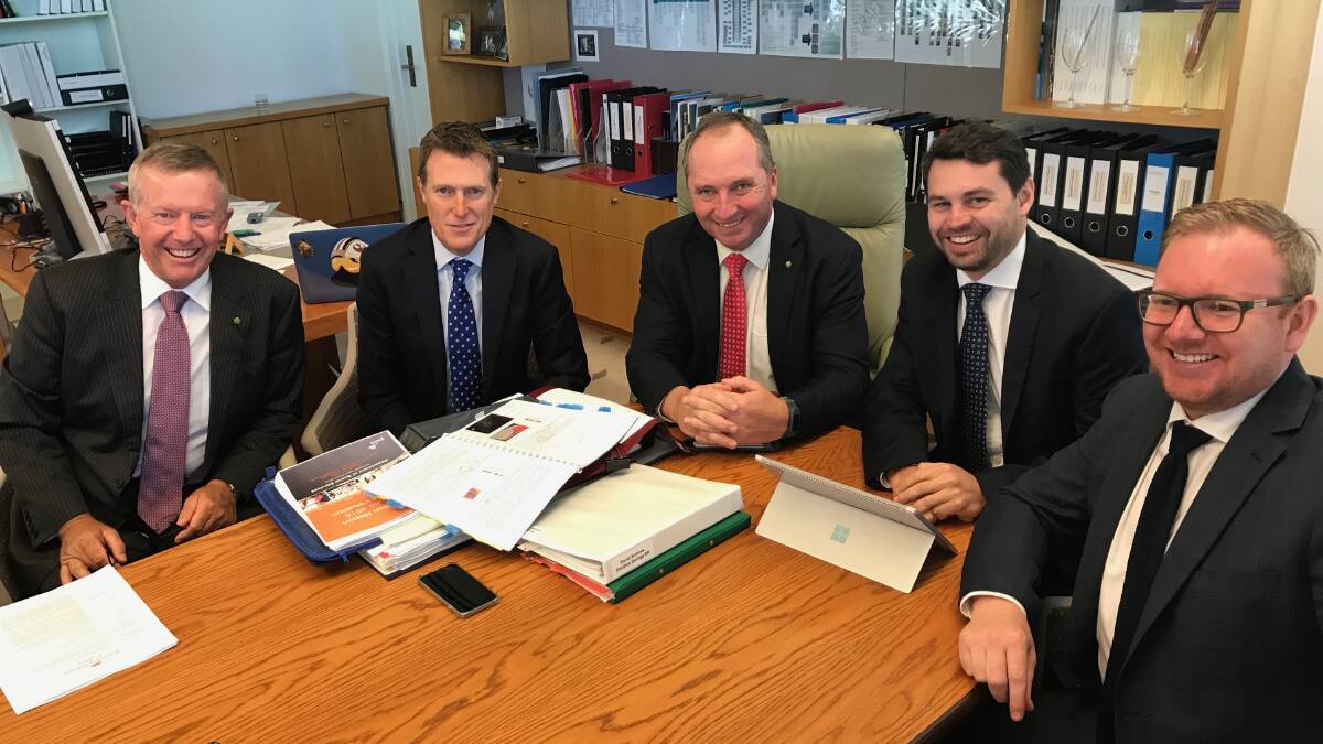 HIGH-LEVEL TALKS: Parkes MP Mark Coulton, Social Services Minister Christian Porter, Deputy Prime Minister Barnaby Joyce, Youth Insearch CEO and Youth Insearch success story Jared Goodwin.