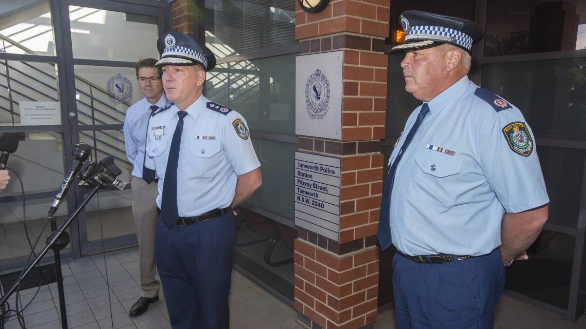 Taking questions: NSW Police Commissioner Mick Fuller addresses the media with new Deputy Commissioner Gary Worboys. Tamworth MP Kevin Anderson is pictured back left. Photo: Peter Hardin