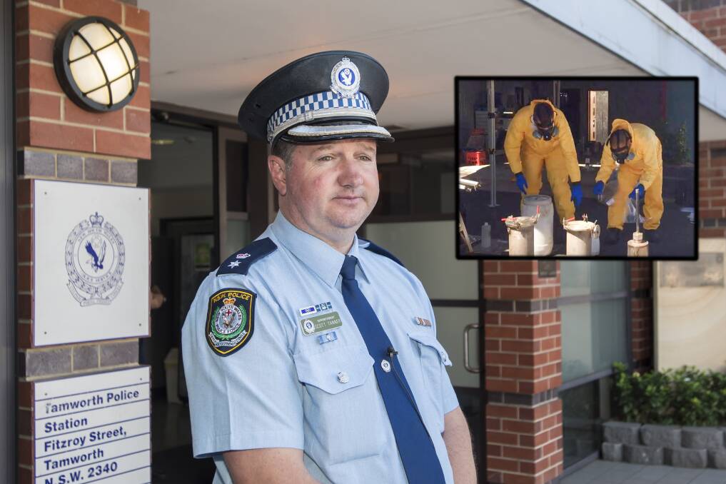 Massive operation: New England Superintendent Scott Tanner, and inset, police at the the drug lab. Photo: Peter Hardin, NSW Police