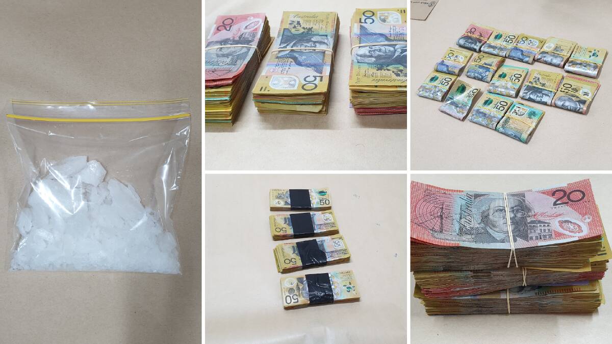 Haul seized: The cash and methylamphetamine Oxley Police uncovered in the Toyota in Aberdeen Street in Tamworth late on Monday night. Photos: Oxley police