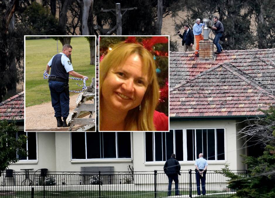 No bail: Natasha Beth Darcy-Crossman, 42, inset, is charged with murdering Mathew Dunbar on August 2, at Walcha. Police are pictured searching the property in November following her arrest. Photos: Gareth Gardner, supplied