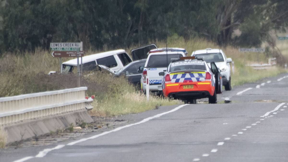 Crash scene: Emergency services on Werris Creek Road on Tuesday afternoon after the two vehicle collision. Photo: Peter Hardin