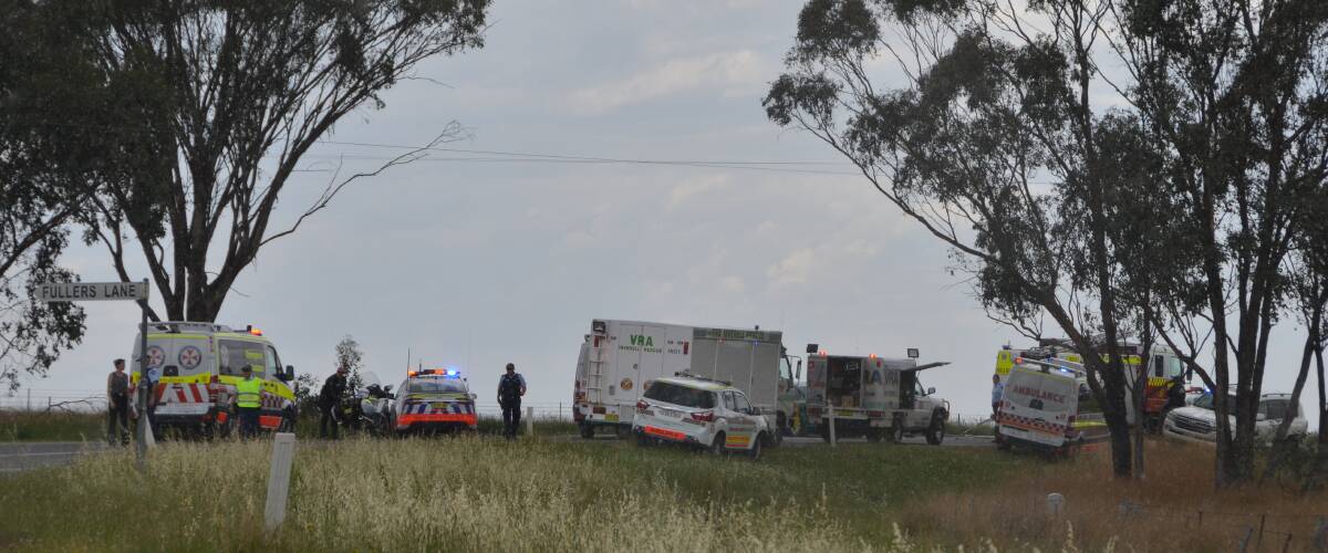 Crash scene: Emergency services on Yetman Rd cross of Fullers Lane in Inverell on Thursday afternoon. Photo: Naomi Schumack