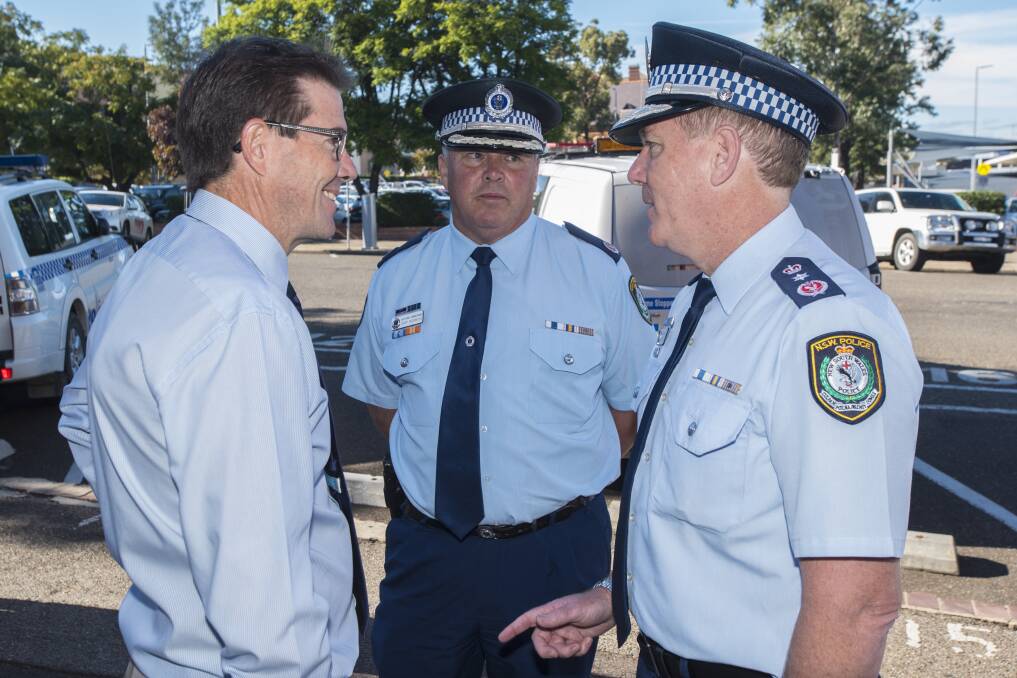More talks: Tamworth MP Kevin Anderson, left, with Deputy Commissioner for Regional NSW Gary Worboys, middle, and NSW Police Commissioner Mick Fuller in Tamworth earlier this year. Photo: Peter Hardin
