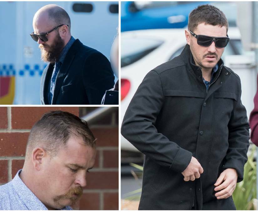 In court: Co-accused Dylan Rutter, top left, Matthew Hill, bottom left. Right, Nicholas Hansen outside Tamworth Local Court in June. Photos: Peter Hardin
