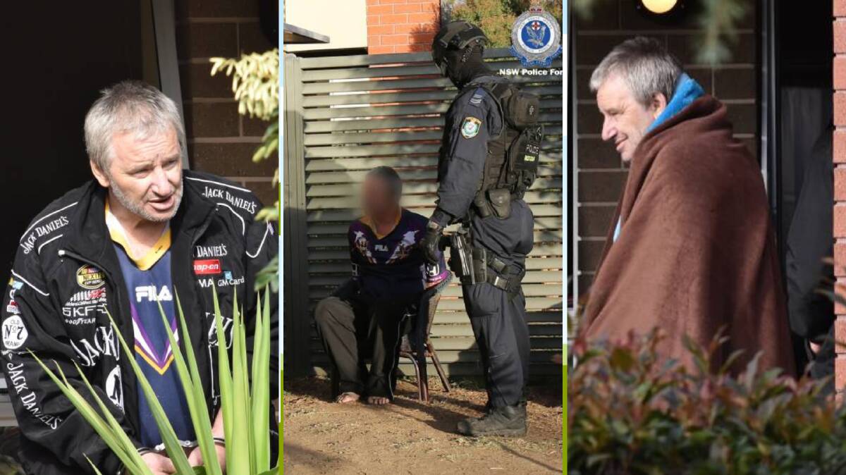 Behind bars: Stephen Ross Hanshaw out the front of his Petra Avenue housing commission unit when it was raided in May 2019, which was nicknamed the Tamworth 'ice castle'. Photos: NSW Police, Ben Jaffrey