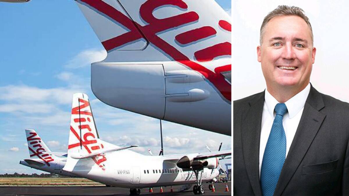 Turbulent Times: Virgin Australia has stopped all flights in and out of Tamworth after it went into voluntary administration last month. Also pictured is Chair of Regional Capitals Australia Shane Van Styn. Photos: Supplied