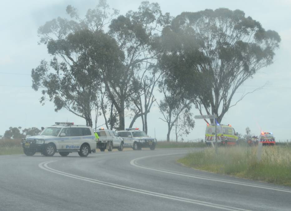 Crash scene: Emergency services on Yetman Rd cross of Fullers Lane in Inverell on Thursday afternoon. Photo: Naomi Schumack