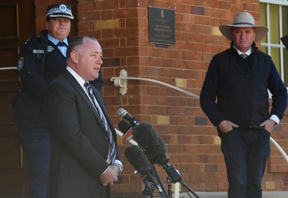 War of words: Tamworth Business Chamber president Jye Segboer and New England MP Barnaby Joyce, pictured in Tamworth, have different views on the JobKeeper stimulus payments. Photo: Gareth Gardner 