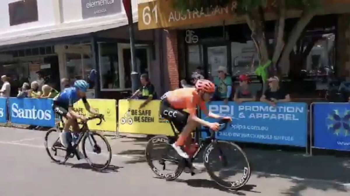 Break out: Dylan Sunderland in the break on Tuesday in the first stage of the Tour Down Under. Photo: NTT Pro Cycling