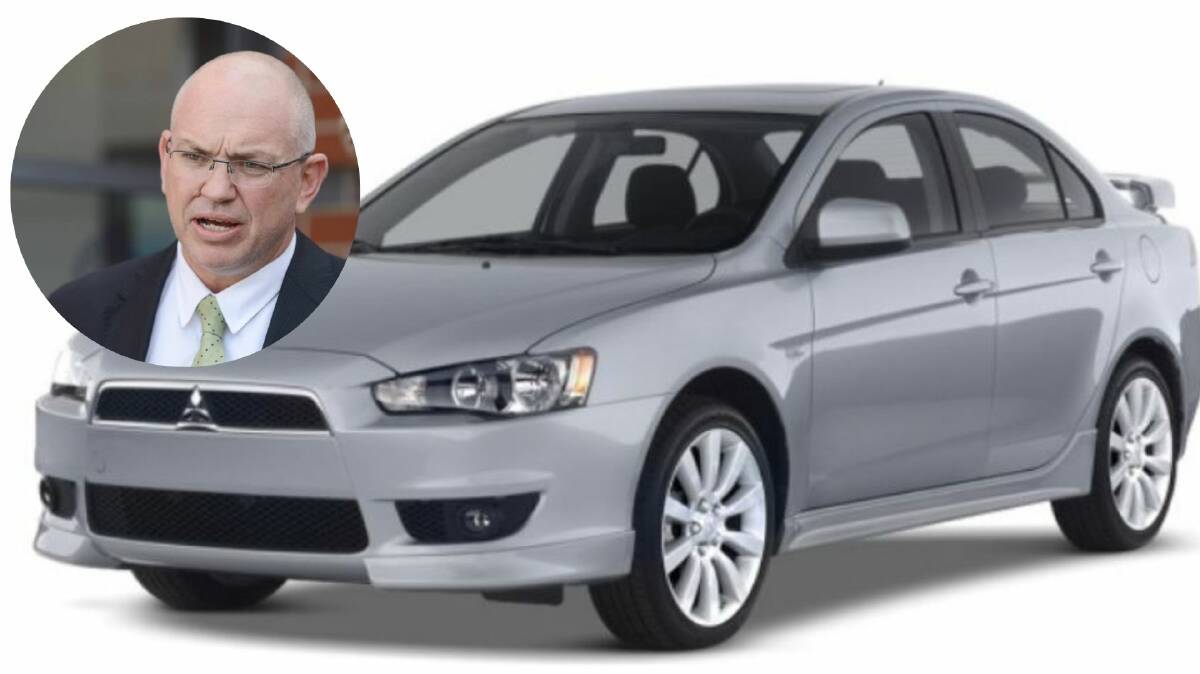 Getaway car: Oxley Detective Inspector Jason Darcy, inset, and an image of the make of a Mitsubishi Lancer that police believe is connected to both armed robberies.