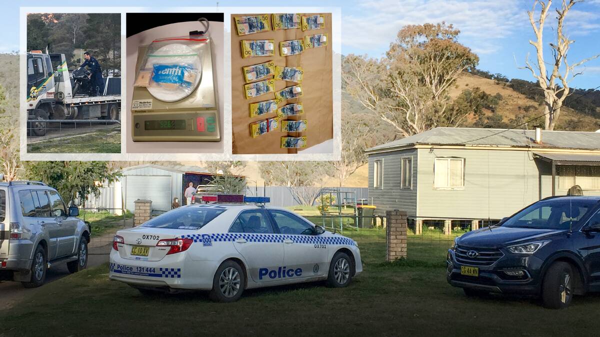 Simultaneous raids: Police search the Nundle Rd, Woolomin, property on Sunday afternoon, and inset, a motorbike, drugs and cash were seized in the secret police sting. 