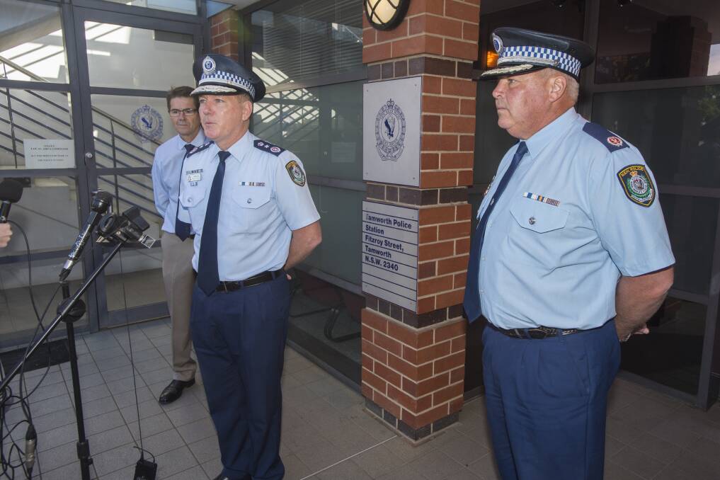 Overhaul: Tamworth MP Kevin Anderson, left, with Deputy Commissioner for Regional NSW Gary Worboys, right, and NSW Police Commissioner Mick Fuller in Tamworth earlier this year. Commissioner Fuller is leading an overhaul of the police force in the bush. Photo: Peter Hardin
