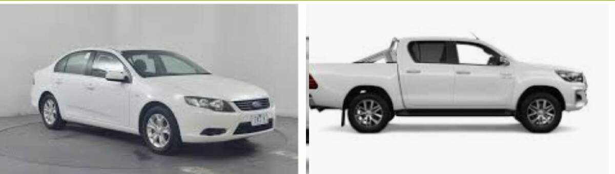 Stolen: The white Toyota Hilux and white Ford Falcon, similar to these, were stolen in separate break-ins in Calala and North Tamworth overnight on Wednesday. Photos: Oxley police