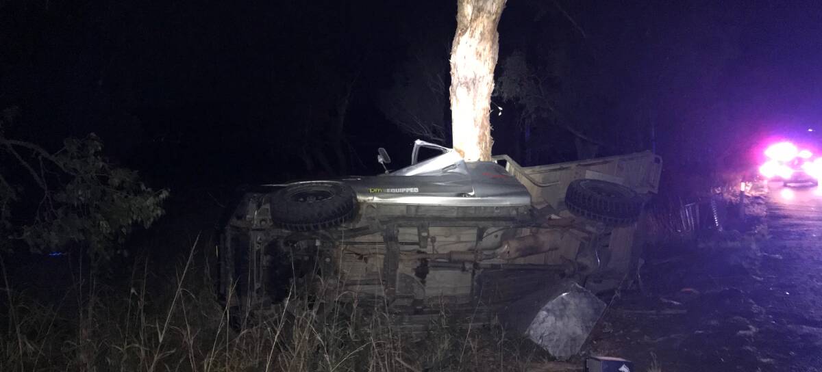 Unrecognisable: The wreckage of the ute that crashed on Tintinhull Road on Friday night. Photo: Supplied