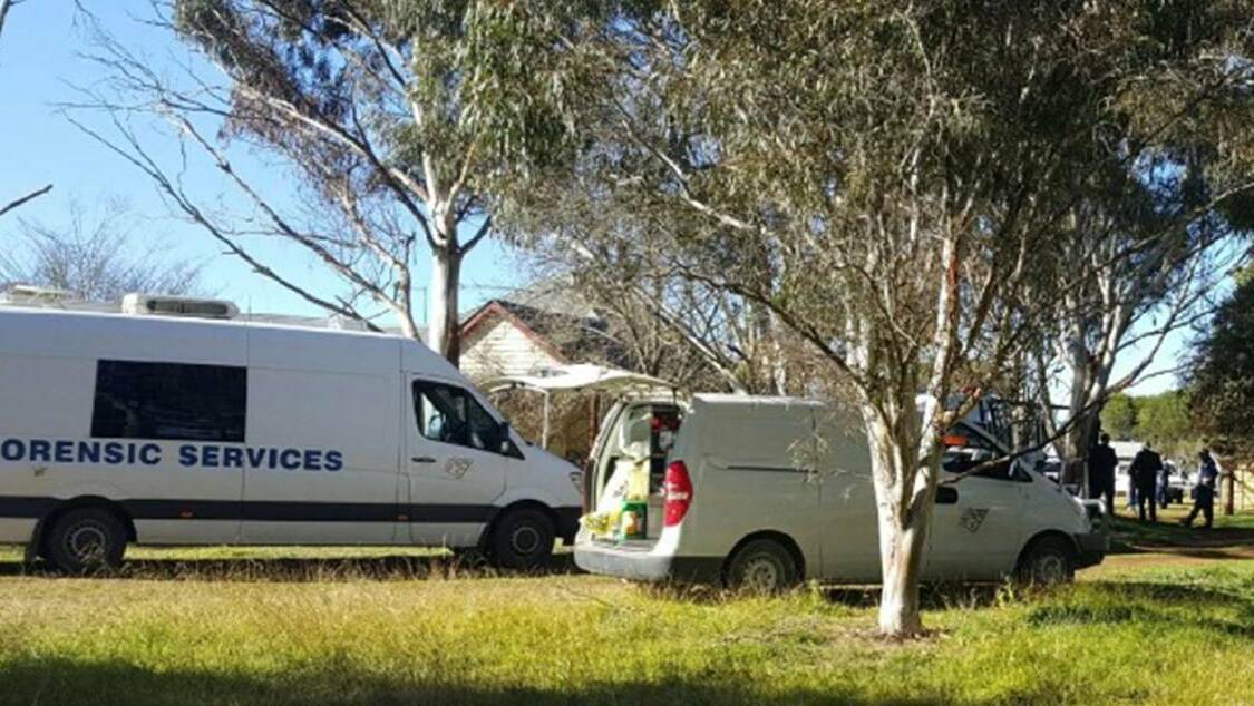 Crime scene: Forensic police and detectives at the property at Dangarsleigh near Armidale in June after Mr Hodge's body was discovered.
