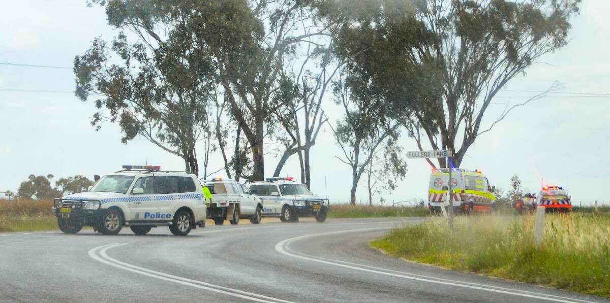 One life lost: Emergency services at the scene of the crash on Yetman Rd, 5km outside of Inverell on Thursday afternoon. Photo: Naomi Shumack