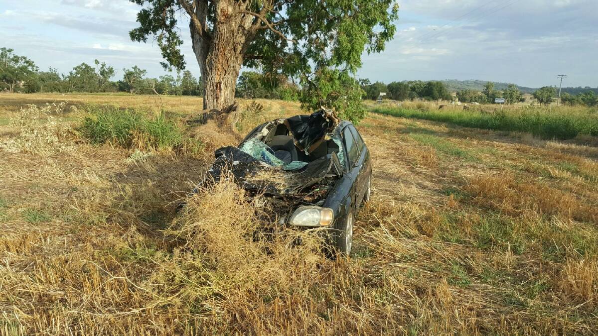 Car crushed: The wreckage of the car after it struck a cow on the Fossickers Way at Attunga, near Tamworth, in the early hours of Thursday morning.