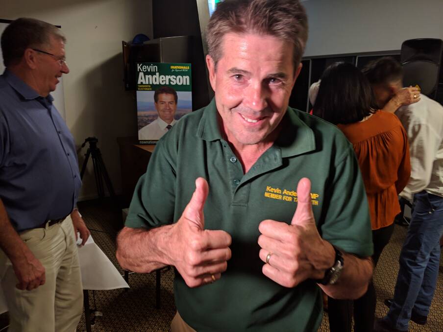 Thumps up: Tamworth MP Kevin Anderson at his election after party on Saturday night. Photo: Jamieson Murphy