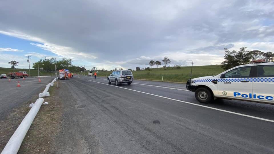 The crash site on the New England Highway at Black Mountain on Saturday afternoon. Picture supplied by NSW SES