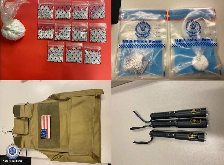 Goods seized: Police claim they uncovered cocaine, as well as tasers and a ballistic vest in a car stop on the Newell Highway in Moree. Photos: NSW Police