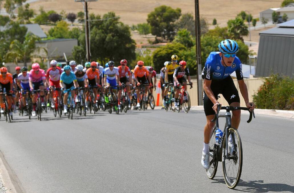 In action: Dylan Sunderland races away from the peloton during the Tour Down Under in Adelaide. Photo: NTT Pro Cycling