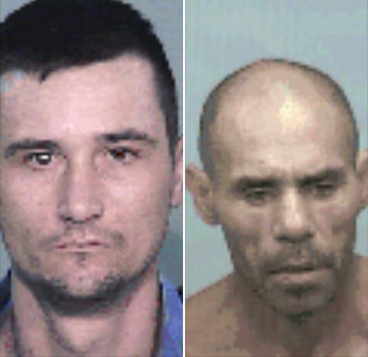 Back behind bars: Wayne Porter, aged 32, and Robert Riley, aged 49, were arrested on Saturday morning after a chase in Armidale. Photos: NSW Police