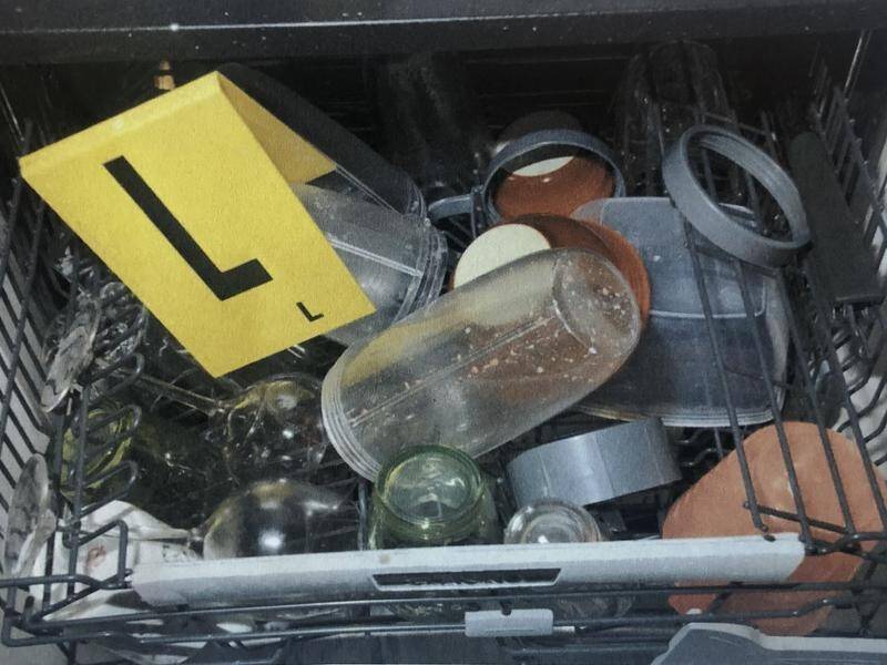 Crime scene: A photo of the unwashed tumbler in the dishwasher at the Pandora home, photographed by police in August 2017. Photo: Supplied