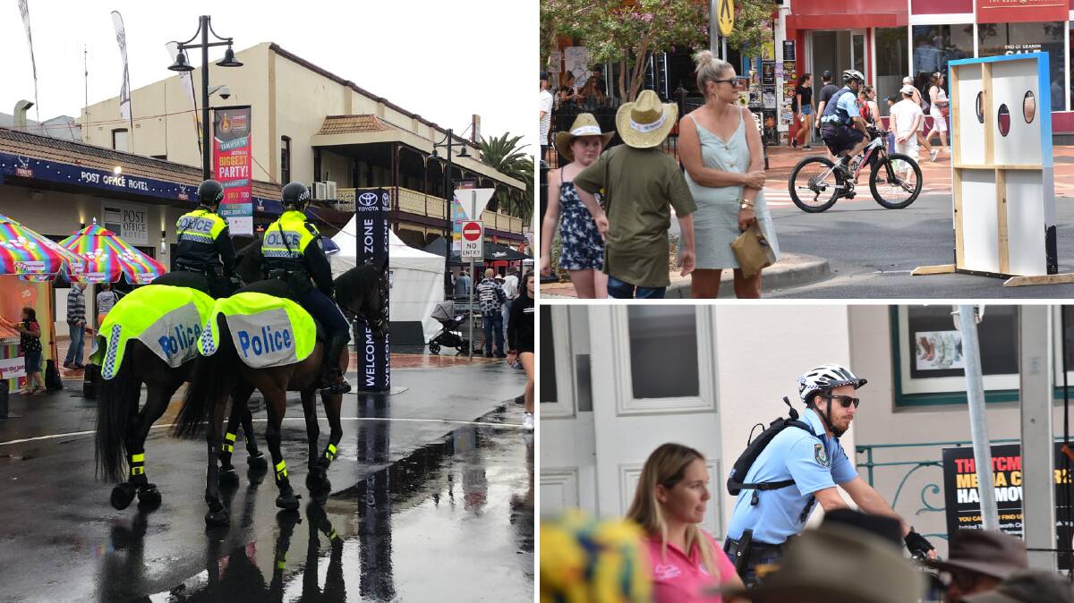 On patrol: Some of the police keeping an eye on crowds in and around the Tamworth CBD since the festival started on Friday. The high-visibility operation will wrap up on Monday. Photos: Ben Jaffrey