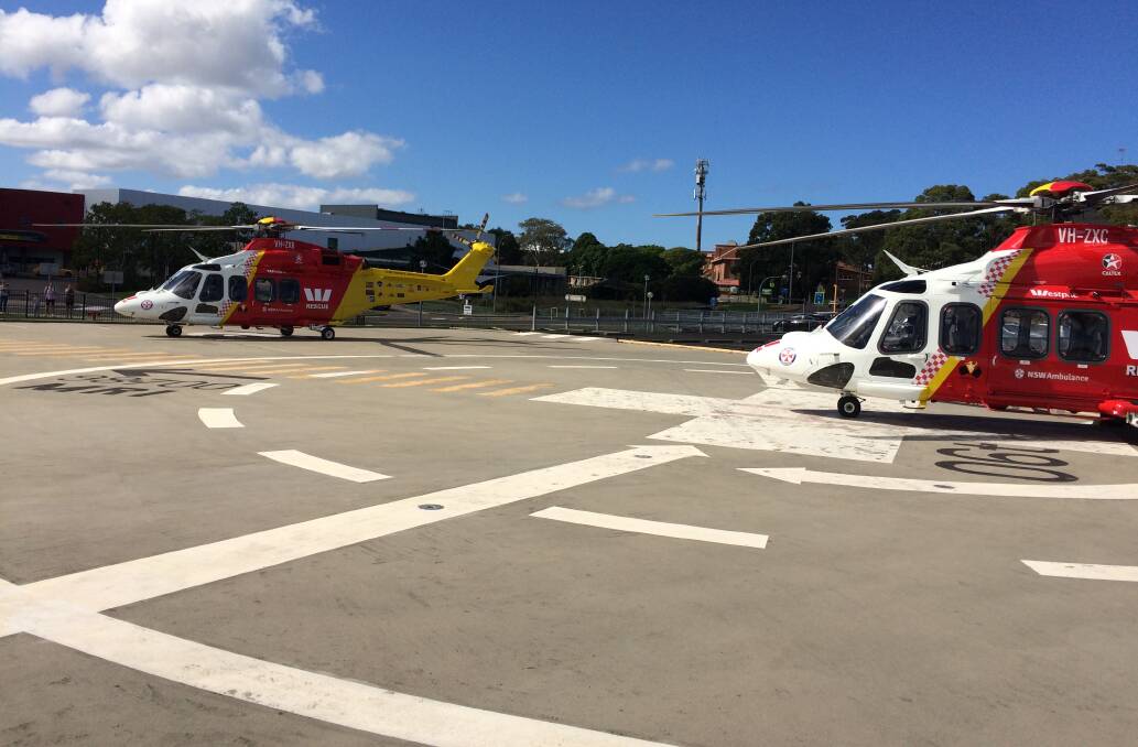 Missions: The Westpac Rescue Helicopter at John Hunter Hospital on Sunday morning. Photo: Westpac Rescue Helicopter Service