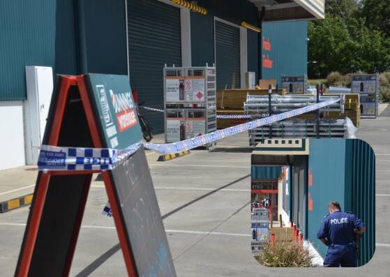 One charged: Police examine the crime scene at Bunnings in Armidale on Thursday afternoon following Thursday's stabbing. Photo: Laurie Bullock