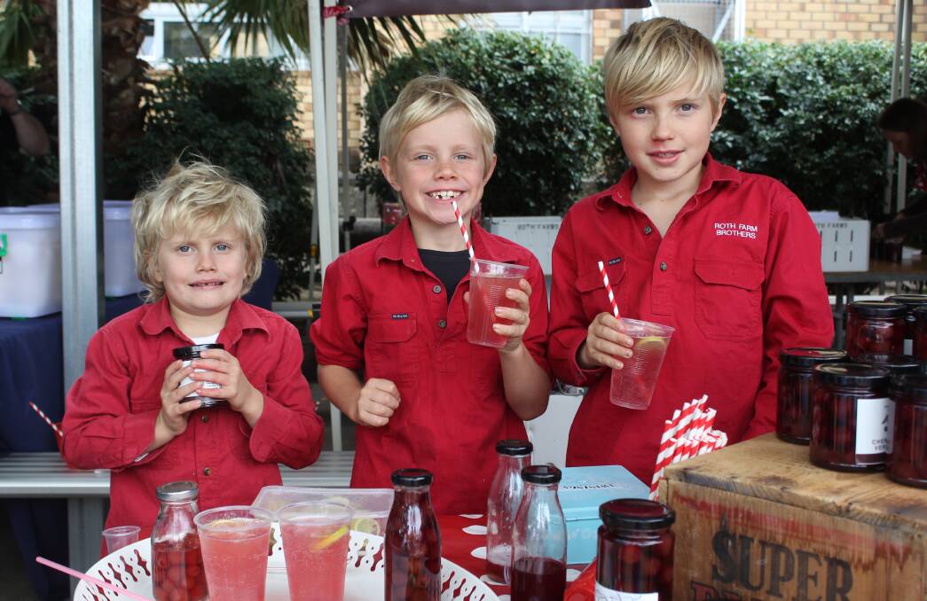 BACK AGAIN: Viktor, Leo and Christian Roth sold refreshing pink drinks at the Rothwood Cherries stall last year. Photo: Sophie Harris