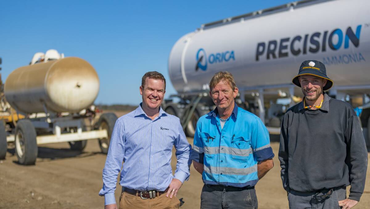 Paul Scutt, Orica Agriculture general manager, Barry Otto and Thomas Seery, 'Cambooya', Boomi, NSW oversee the installation of the first Precision Ammonia nurse tank.