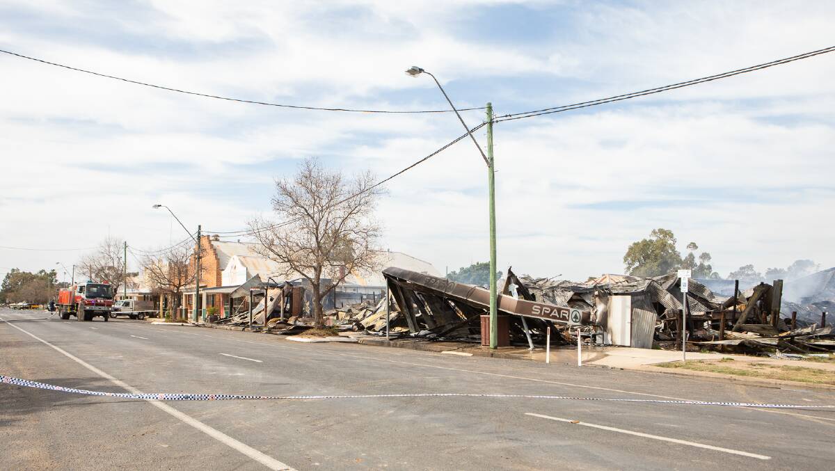 The burnt remains of the Spar Supermarket in Mungindi. Photo: Simon Scott Photography